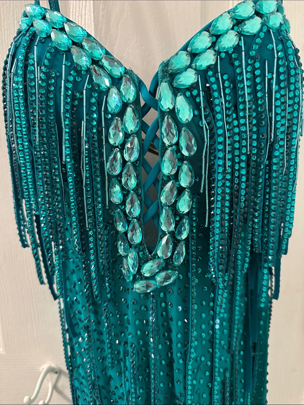 Emerald Fringe Sequin Latin Rhythm Ballroom Dress - Picture 4 of 6